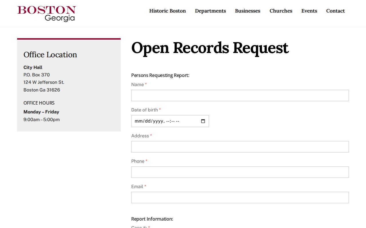 Boston Police online open-records form with incident and requester fields