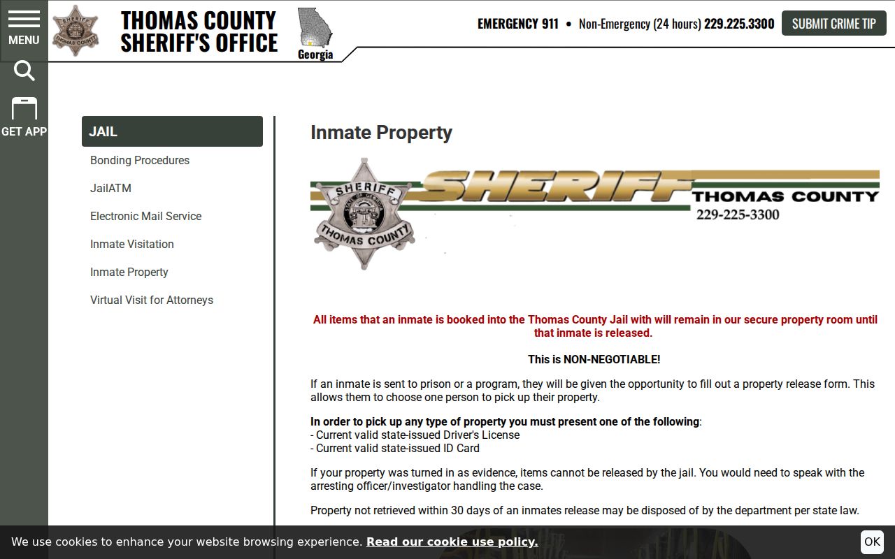 Thomas County arrest history inmate property release rules