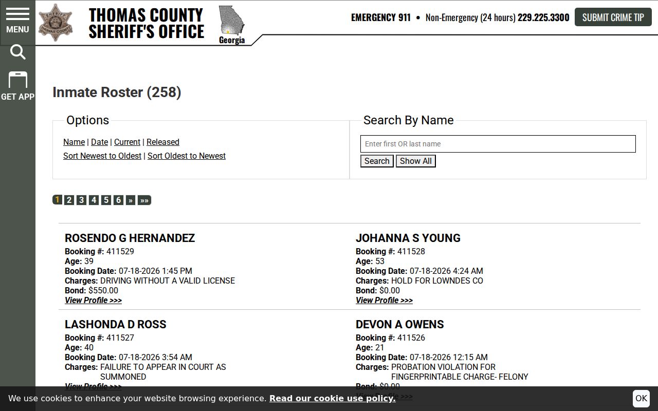 Thomas County arrest history current and released jail roster