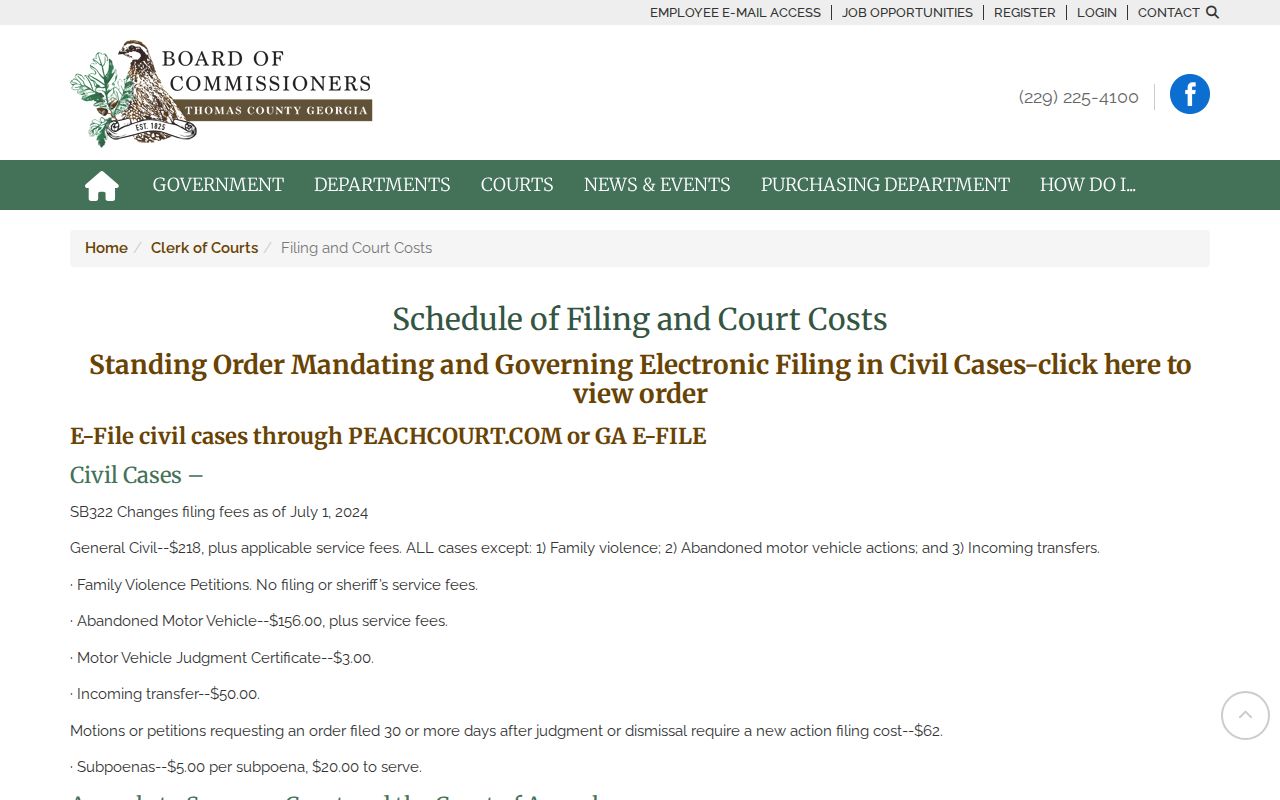 Thomas County criminal court case copy and filing costs