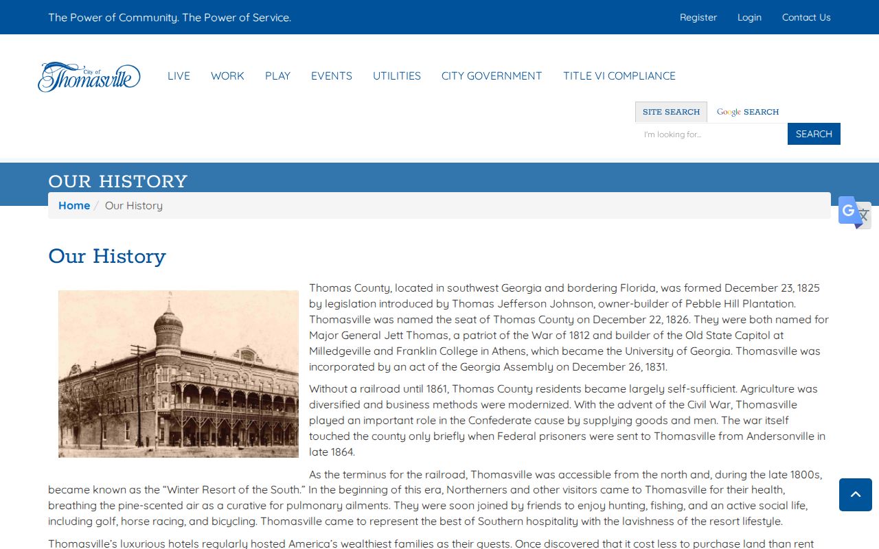 Official Thomasville history page describing the City of Roses
