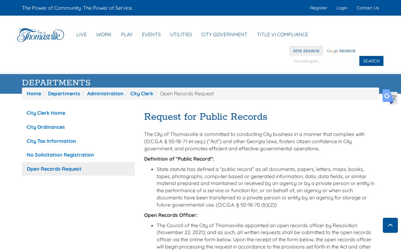 Thomasville online open-records request form for police records